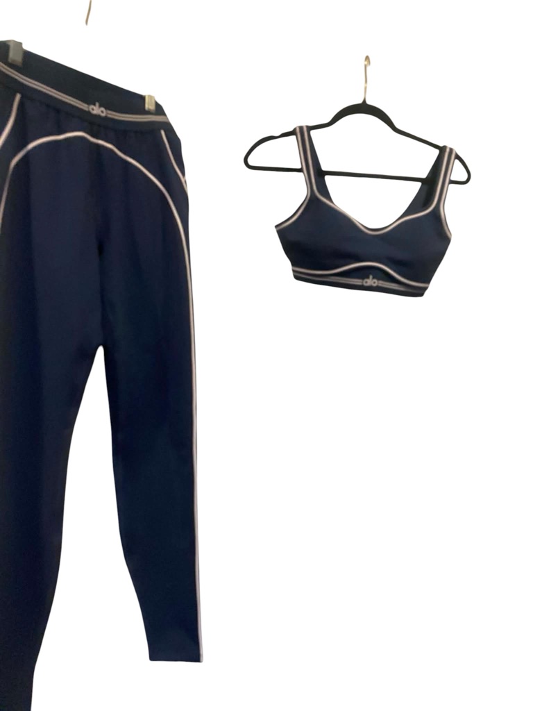 Nwt Alo Airbrushed Heart Throb Legging And Bra Set Navy/White Size Small